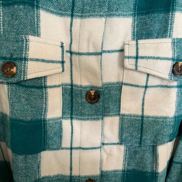 Teal and White Plaid Button-Up Flannel shirt jacket NWT - Picture 2 of 4
